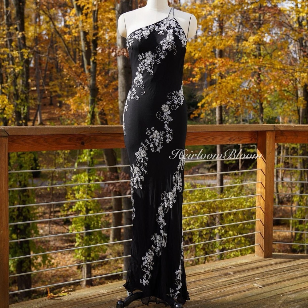 Vintage Y2k Floral Beaded Silk Prom Formal Dress